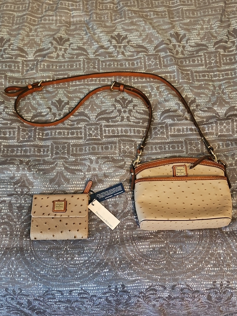 Dooney & Bourke Beige Ostrich-Embossed Crossbody with NWT Matching Wallet